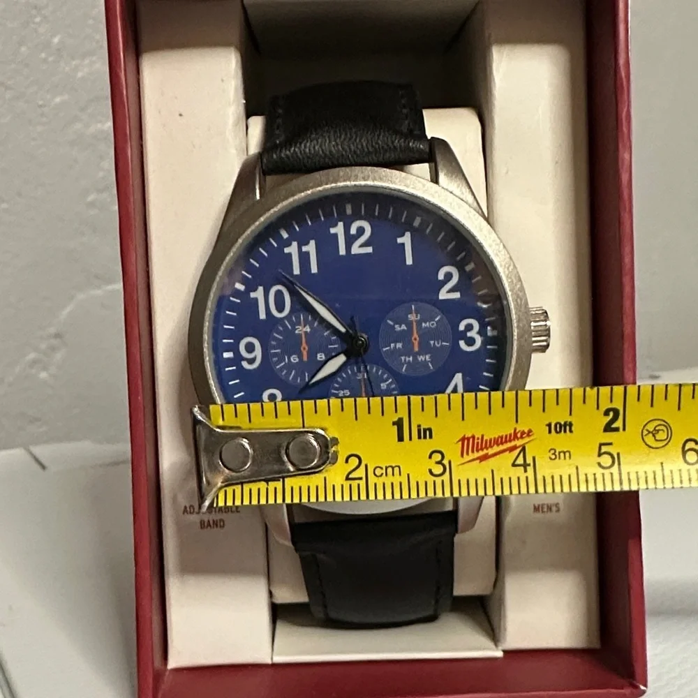 Men's Silver and Blue Watch with Black faux Leather Band